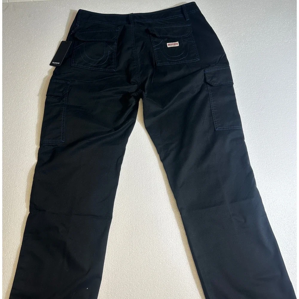 True Religion Mens Black Cargo Pants Sz 36‎ Relaxed Fit Stitch Detail MSRP $159